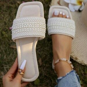 Women Pearl Decor Flat Sandals,  size 10 Gradient Pearls, Luxurious